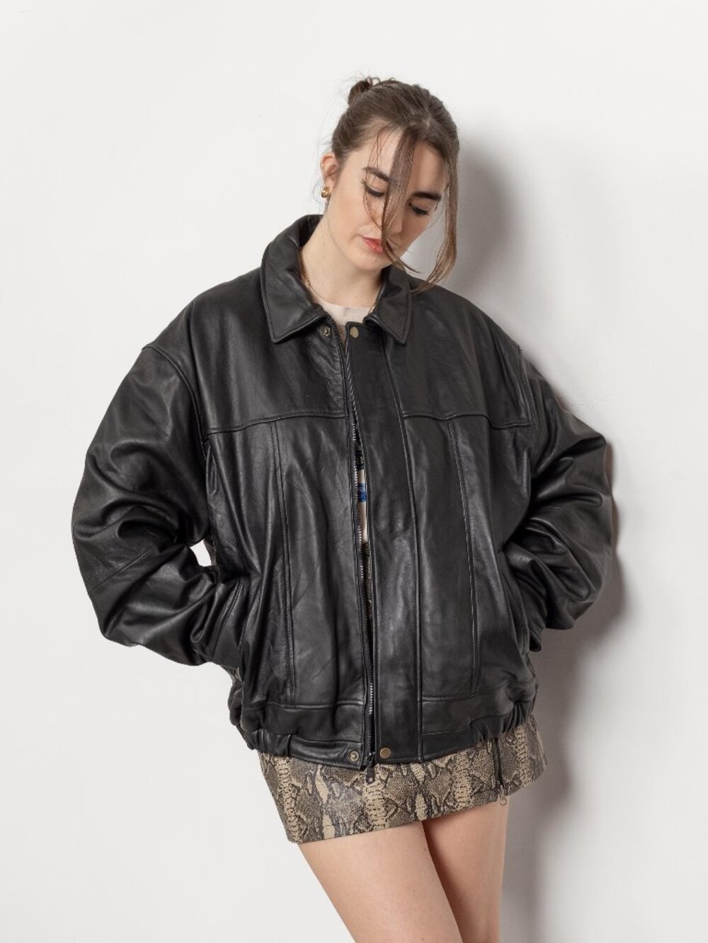 BLACK LEATHER BOMBER Jacket Vintage Oversize 90's Coat / Large Xl Extra Large